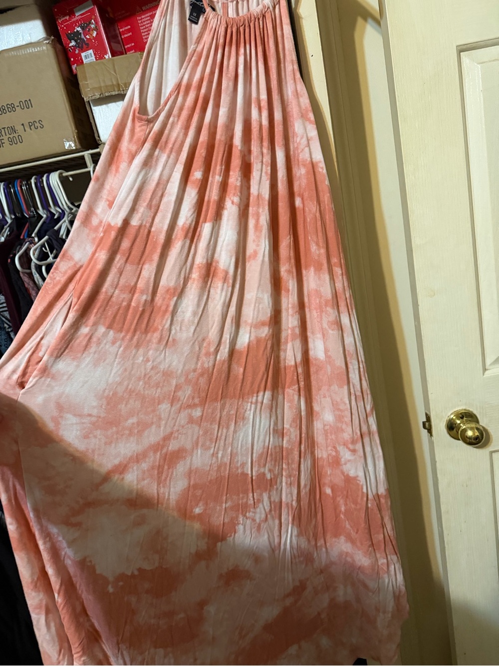 Sleeveless Coral Tie-Dye Maxi Dress - Casual Elastic Neckline